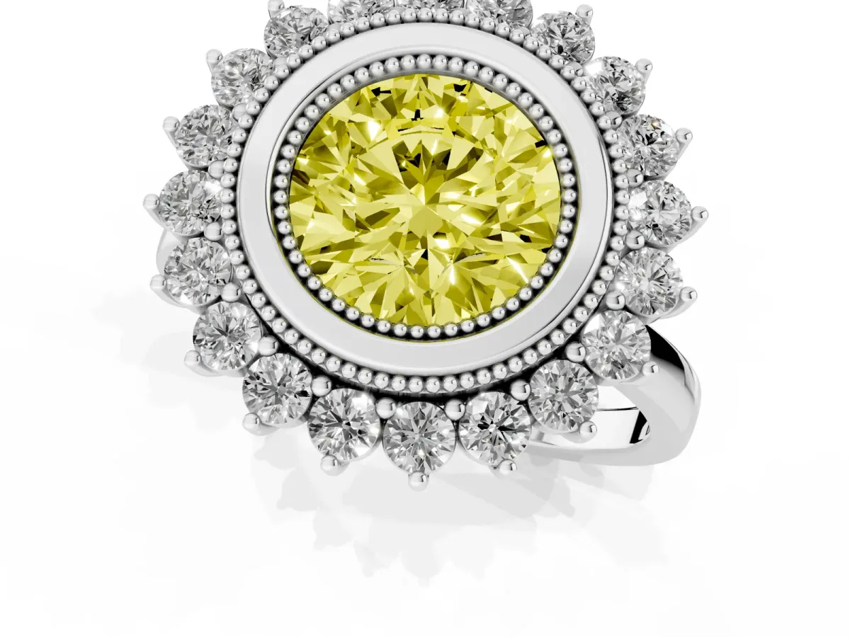 Fancy Yellow Round Cut Halo Diamond Ring with Milgrain Edge and Round Prong Setting Silver