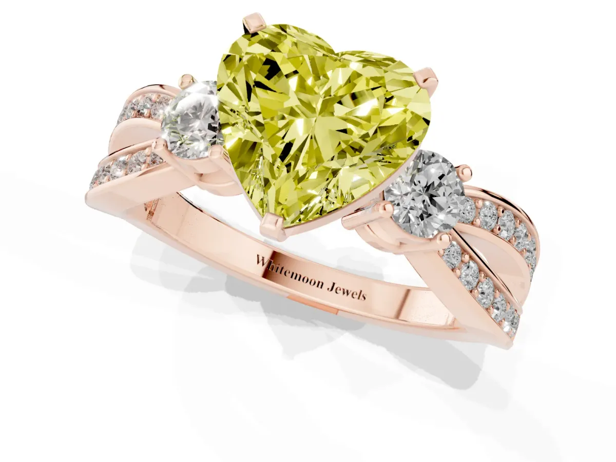 Fancy Yellow Three-Stone Heart Cut Cut Diamond Twist Band with Prong Setting Rose gold