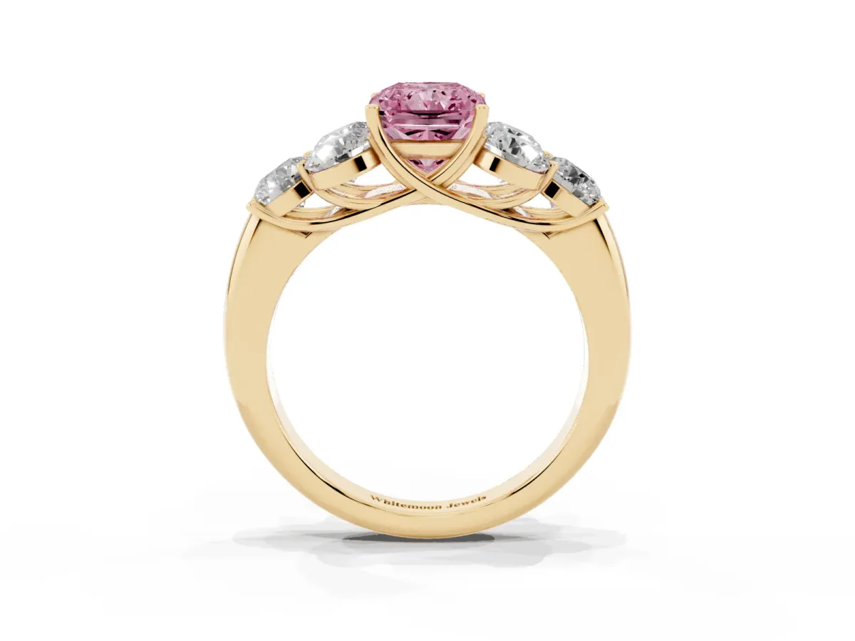 Fancy Pink Radiant Cut Cut Diamond Cluster Ring with Round Accent Stones and Prong Setting on a Classic Band Yellow gold