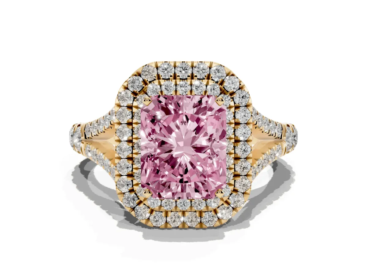 Fancy Pink Double Halo Radiant Cut Diamond Split Shank Engagement Ring with Four-Prong Setting Yellow gold