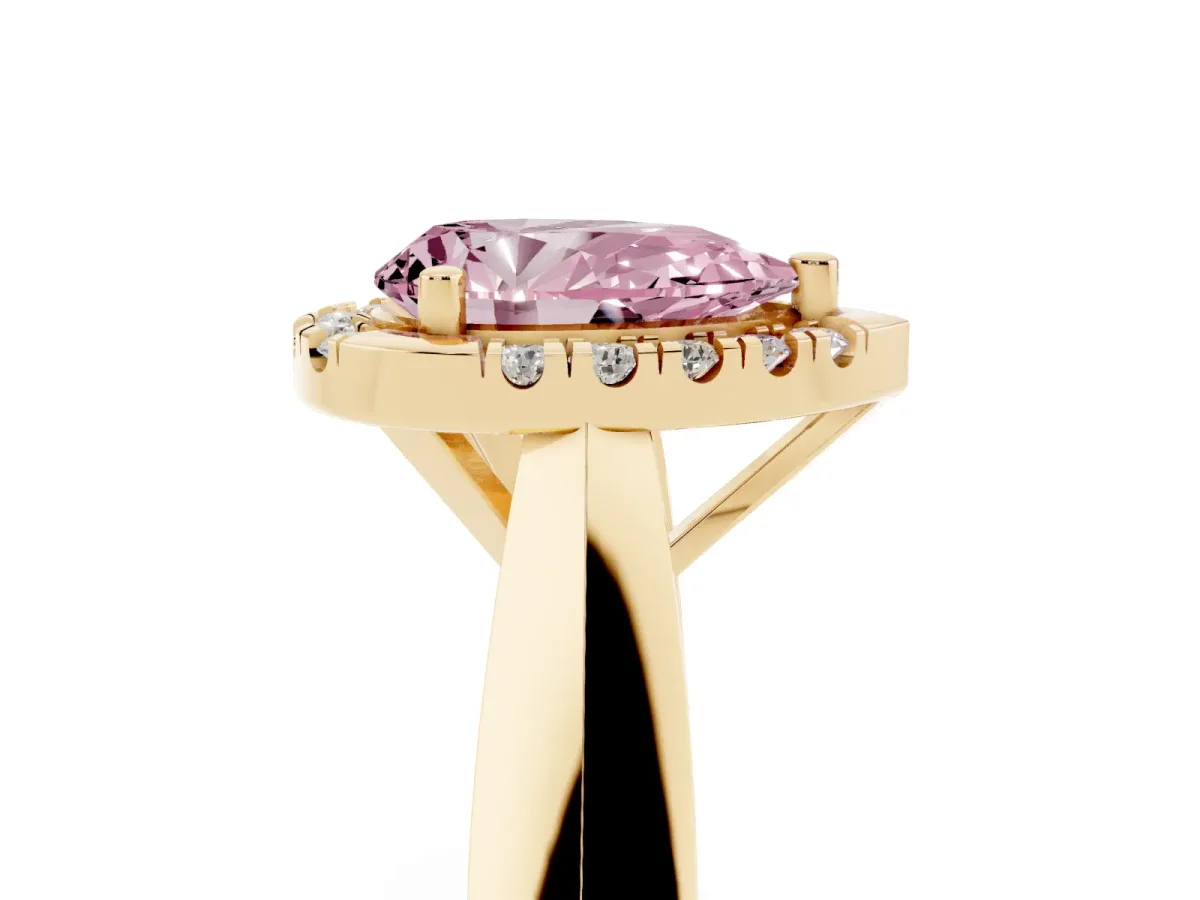 Fancy Pink Pear Cut Cut Halo Solitaire Engagement Ring with Square Band and Four-Prong Setting Yellow gold
