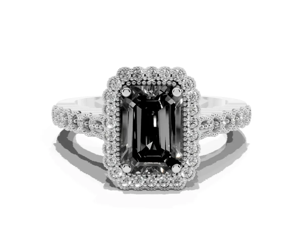 Fancy Black Emerald Cut Cut Halo Pavé Solitaire Ring with Milgrain Band Silver