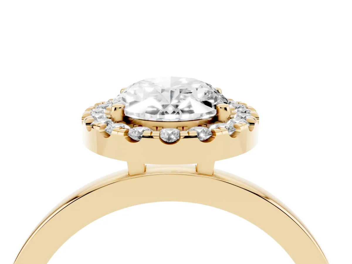 Oval Cut Halo Diamond Solitaire with Pavé Band and Four-Prong Setting Yellow gold