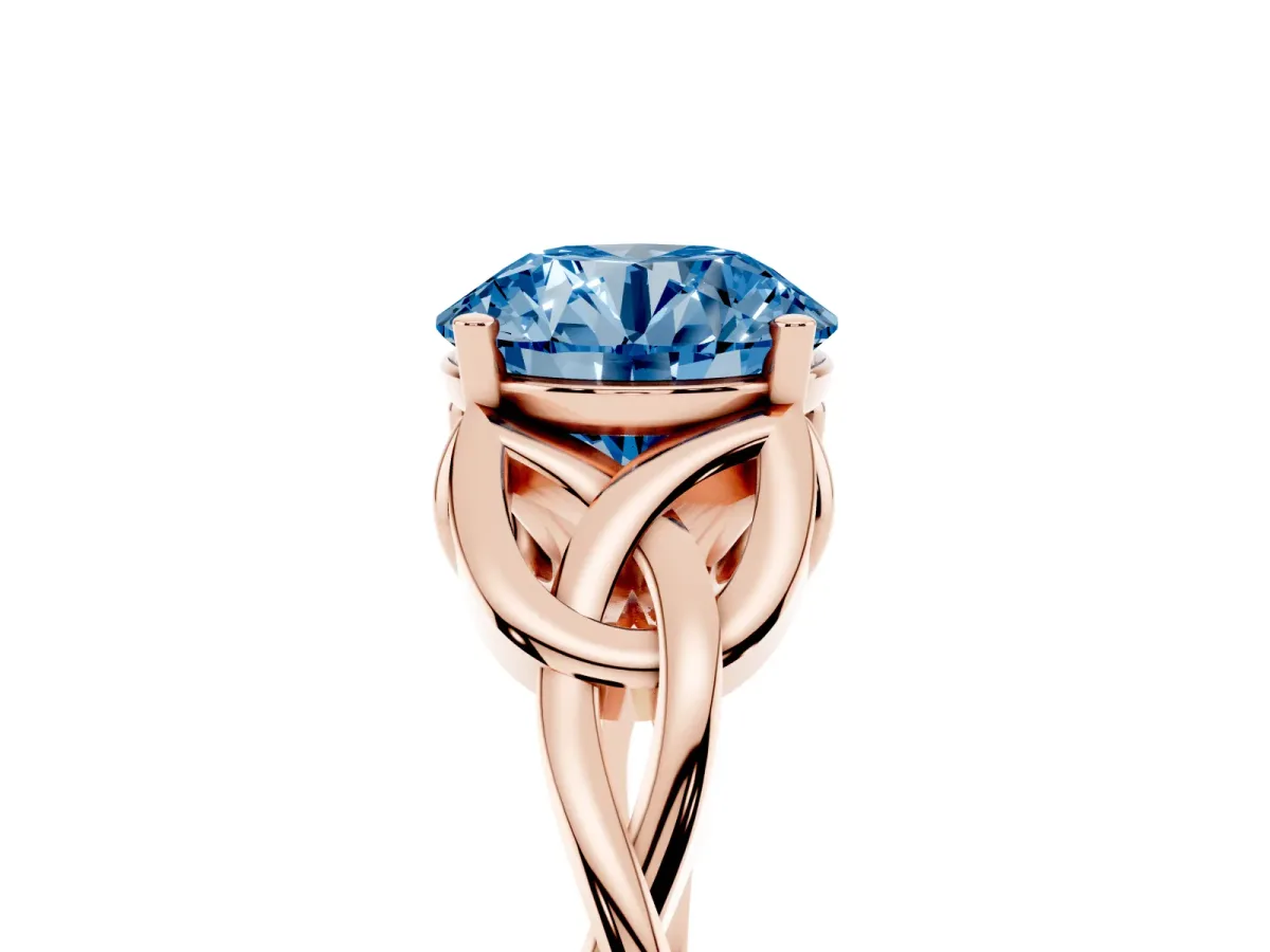 Fancy Blue Round Cut Diamond Solitaire Engagement Ring with Celtic Knot Band and Four-Prong Setting Rose gold