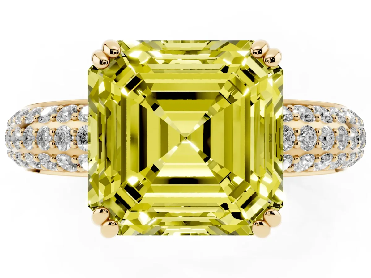 Fancy Yellow Asscher Cut Diamond Solitaire Ring with Multi-Row Round Pavé Band and Prong Setting Yellow gold