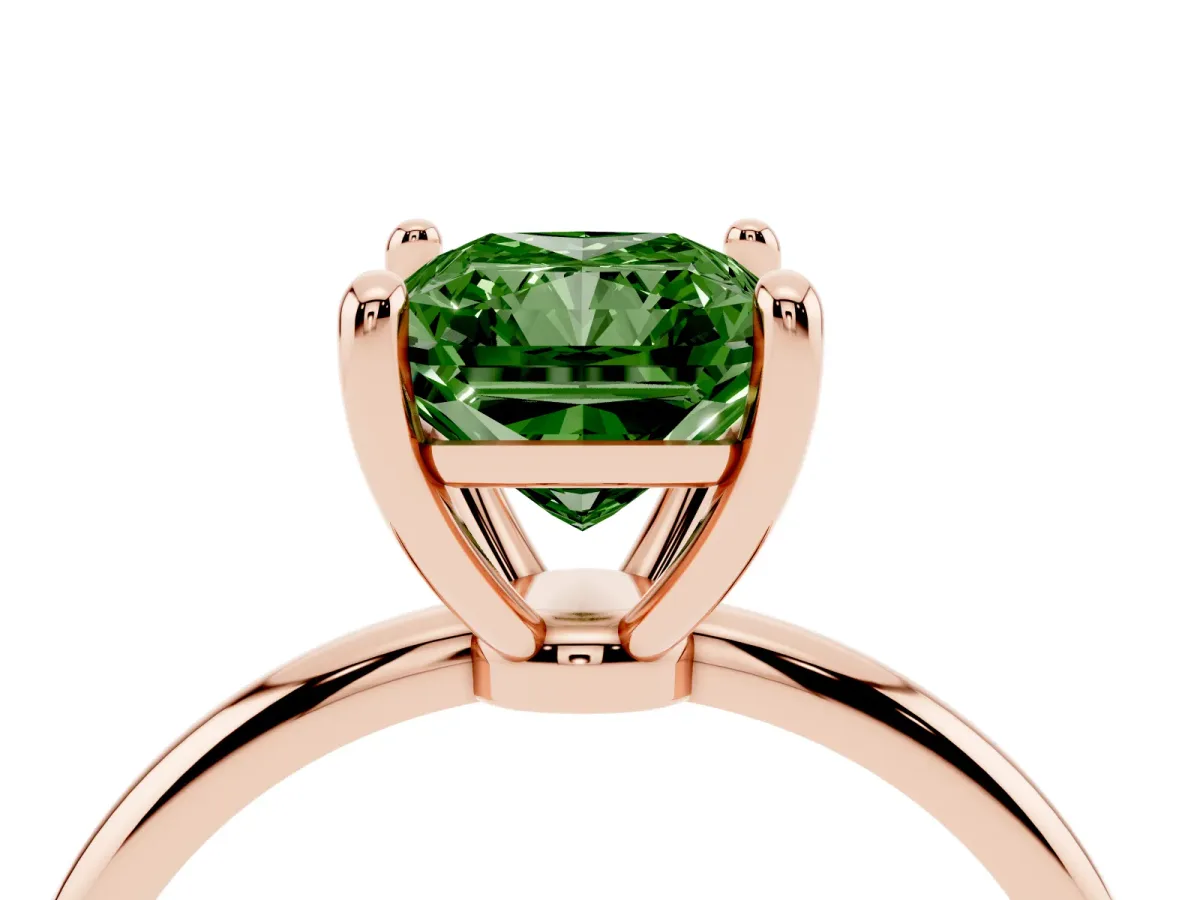 Fancy Green Radiant Cut Solitaire Diamond Ring with 4-Prong Setting on a Classic Band Rose gold