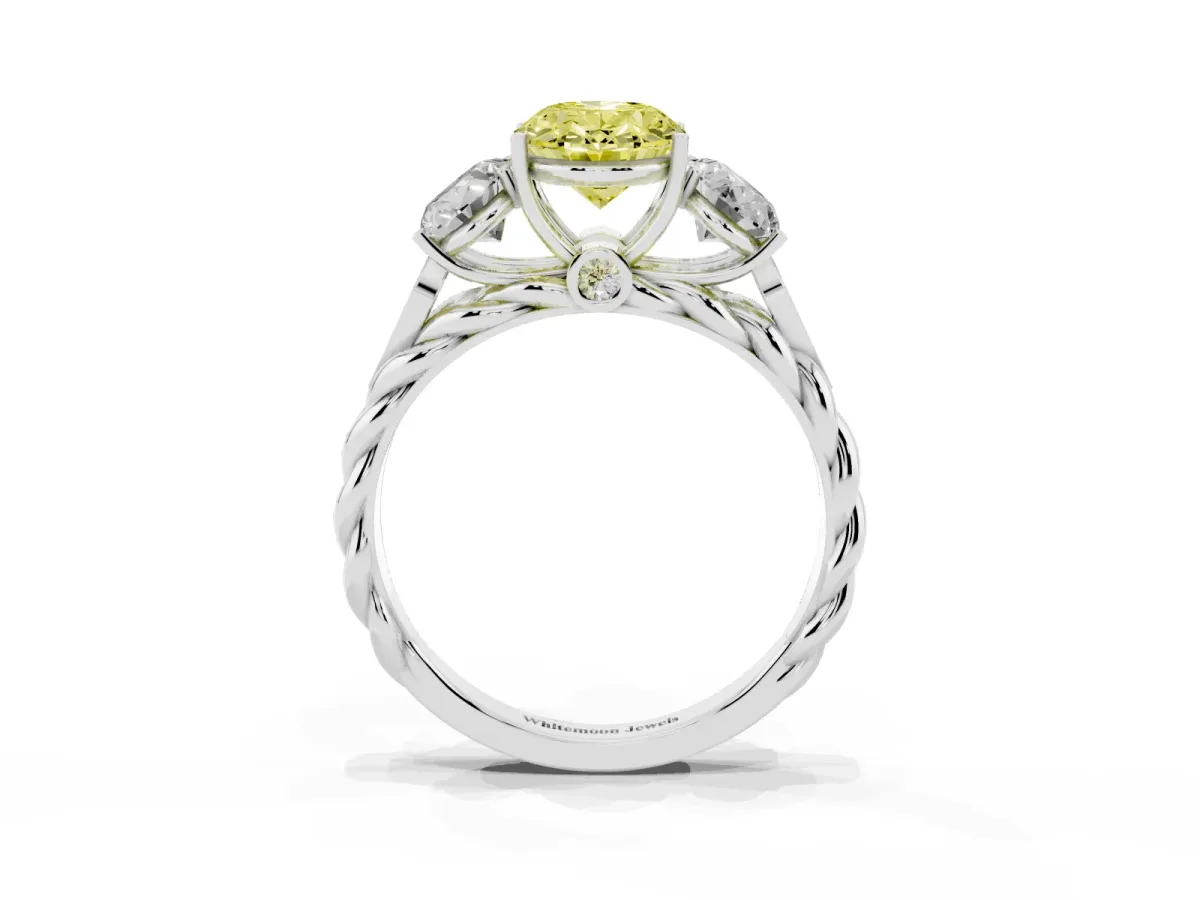 Fancy Yellow Three-Stone Oval Cut Diamond Braided Band Ring with Four-Prong Setting Silver