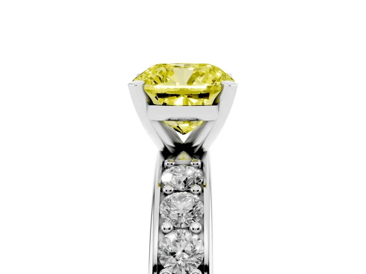 Fancy Yellow Cushion Cut Diamond Engagement Ring with Channel Set Round Band and Prong Setting Silver