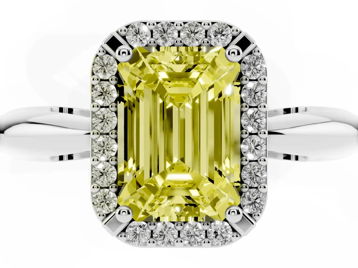 Fancy Yellow Emerald Cut Cut Diamond Halo Engagement Ring with Split Shank and Four-Prong Setting Platinum