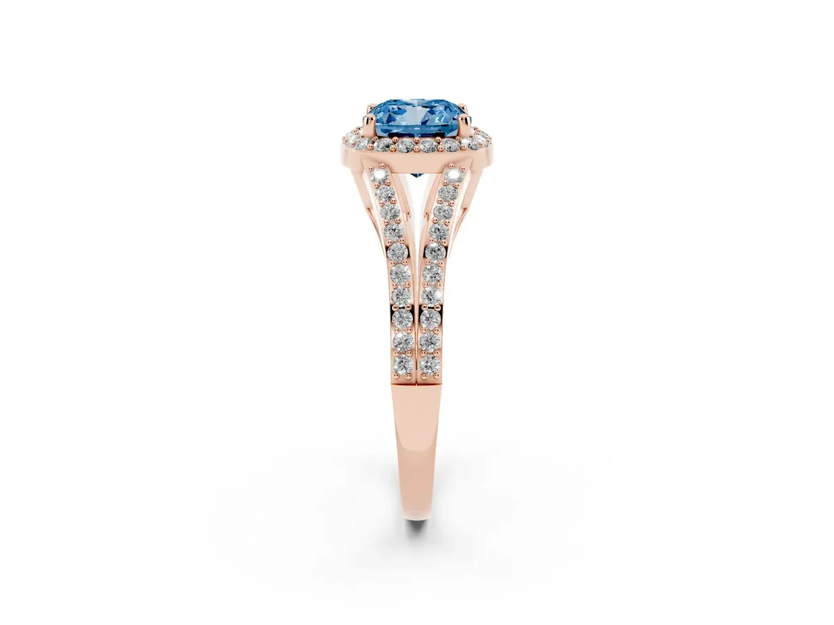 Fancy Blue Cushion Cut Halo Split Shank Diamond Ring with Prong Setting Rose gold