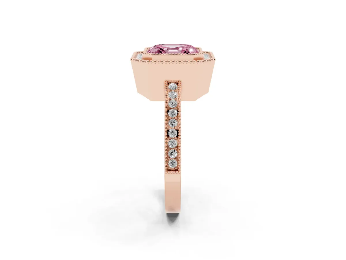 Fancy Pink Asscher Cut Cut Halo Diamond Ring with Pavé Band and Milgrain Prong Setting Rose gold