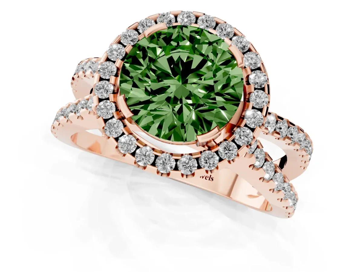 Fancy Green Round Cut Diamond Halo Ring with Split Shank Pavé Band and Prong Setting Rose gold