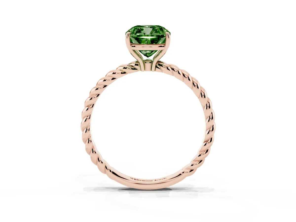 Fancy Green Cushion Cut Solitaire Twist Band Ring with Four-Prong Setting Rose gold