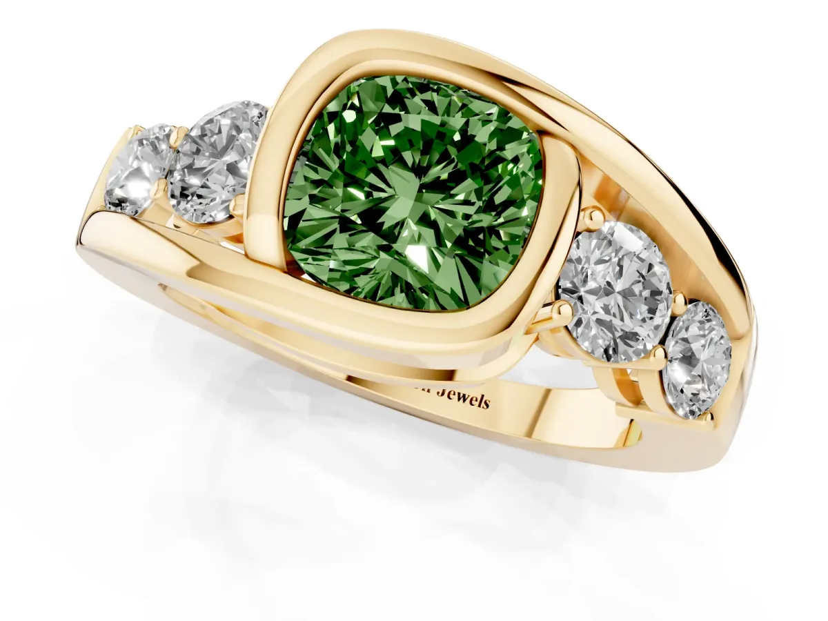 Fancy Green Bezel Set Cushion Cut Diamond Bypass Ring with Round Accents Yellow gold