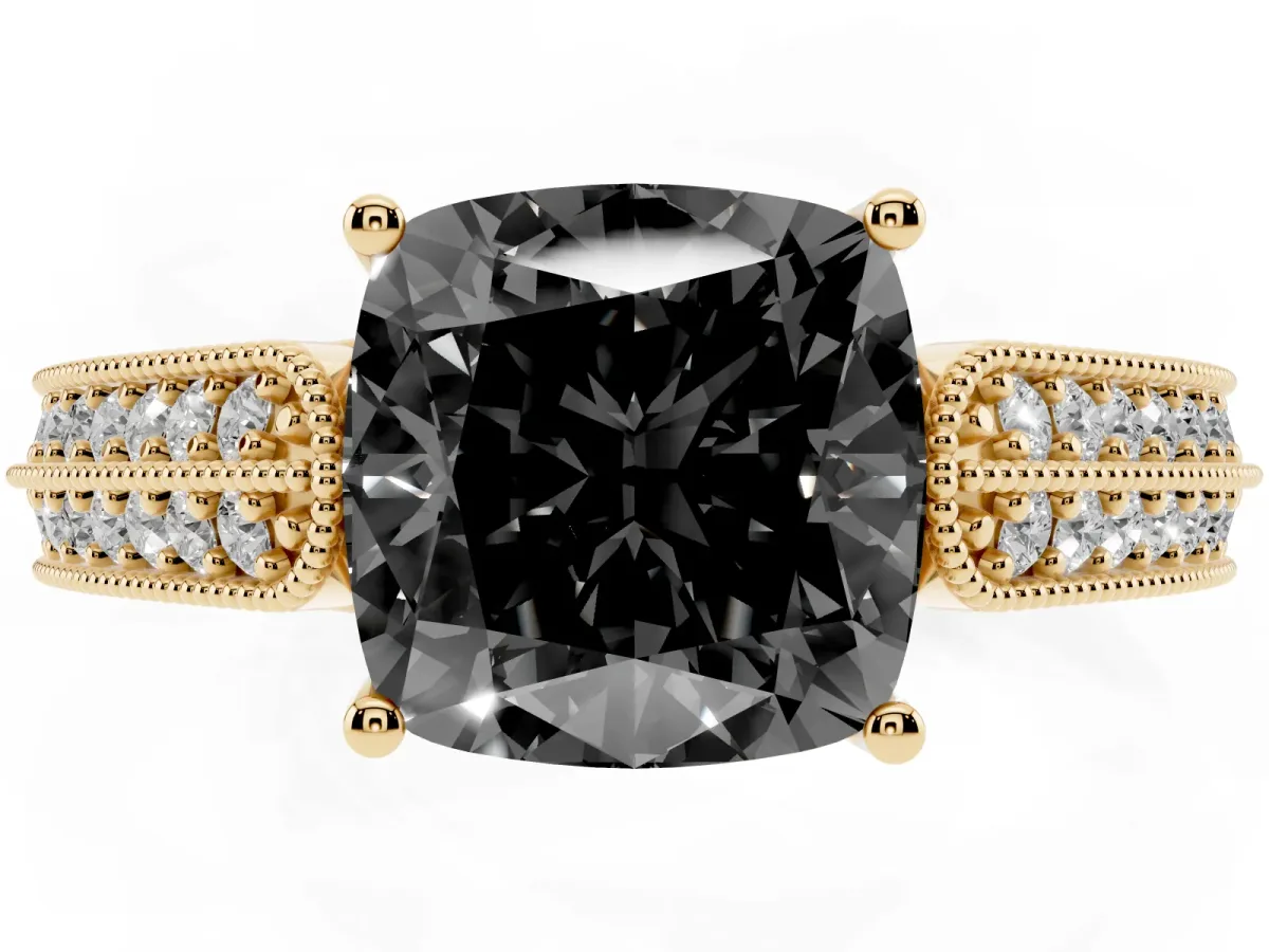 Fancy Black Cushion Cut Cut Pave Split Shank Engagement Ring with Four-Prong Setting Yellow gold