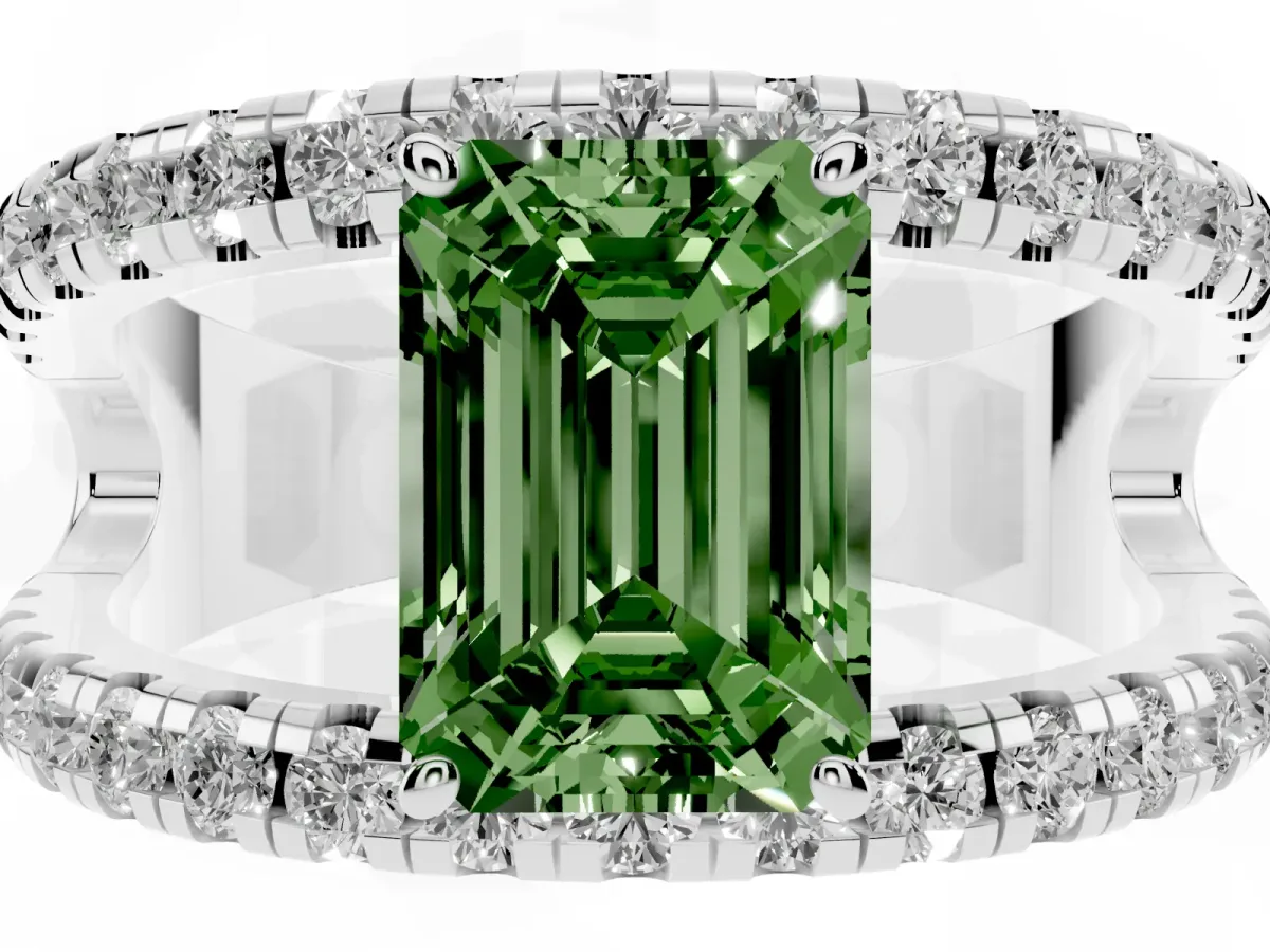 Fancy Green Emerald Cut Solitaire Split Shank Pave Diamond Ring Silver