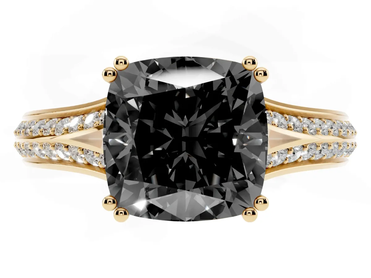 Fancy Black Cushion Cut Diamond Split Shank Engagement Ring with Pavé Band Yellow gold