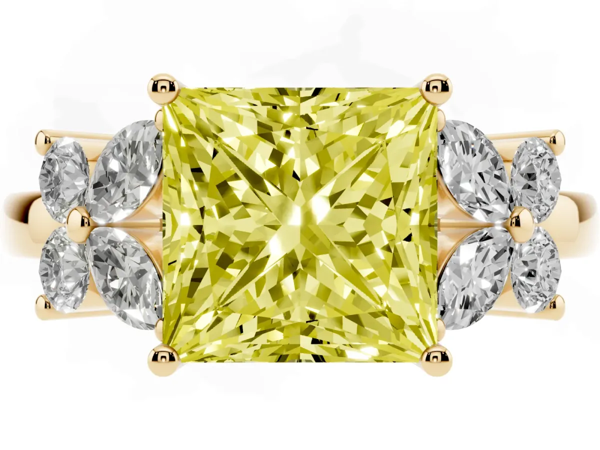 Fancy Yellow Princess Cut Diamond Floral Cluster Ring with Solitaire Band and Prong Setting Yellow gold