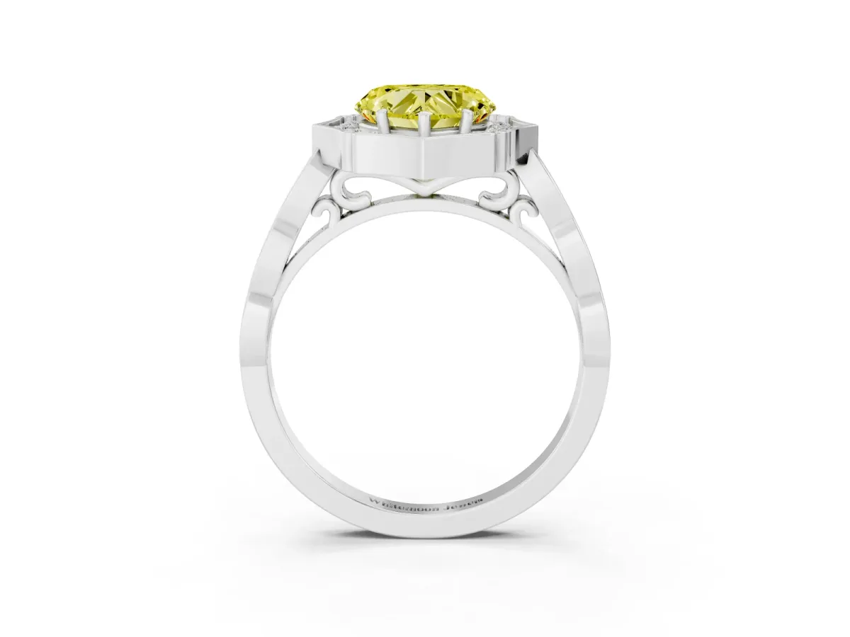 Fancy Yellow Heart Cut Halo Diamond Engagement Ring with Milgrain Band and Four-Prong Setting White gold