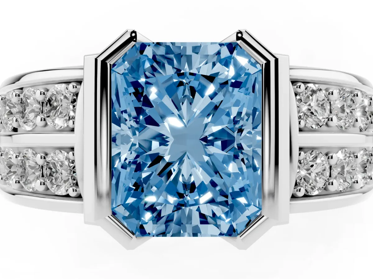 Fancy Blue Radiant Cut Brilliant Diamond Channel Set Wide Band Ring with Bezel Setting Platinum