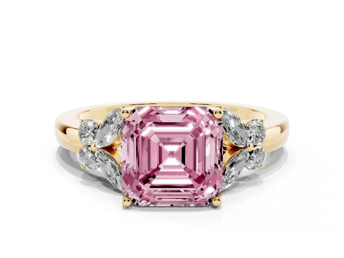 Fancy Pink Asscher Cut Cut Solitaire Floral Diamond Ring with Four-Prong Setting Yellow gold