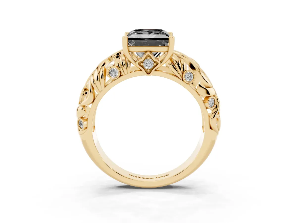 Fancy Black Princess Cut Solitaire Diamond Leaf-Inspired Vine Band Ring with Prong Setting Yellow gold