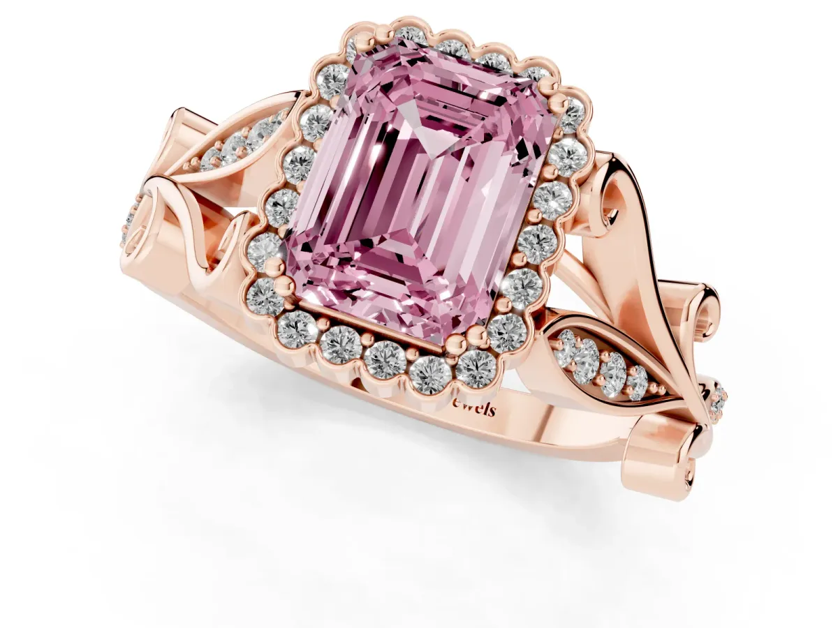 Fancy Pink Emerald Cut Diamond Halo Ring with Vintage Split Shank and Four-Prong Setting Rose gold