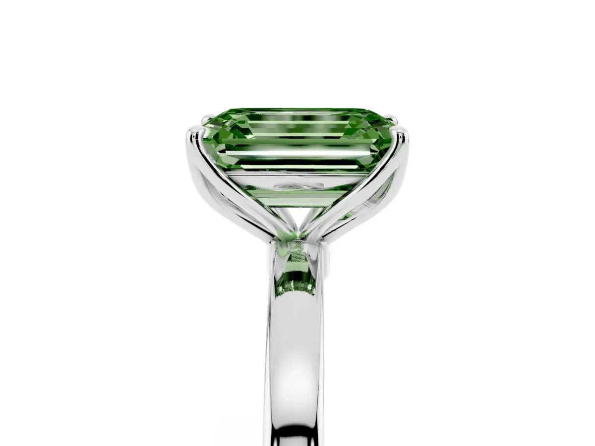 Fancy Green Emerald Cut Diamond Solitaire Ring with Thin Band and Prong Setting Platinum