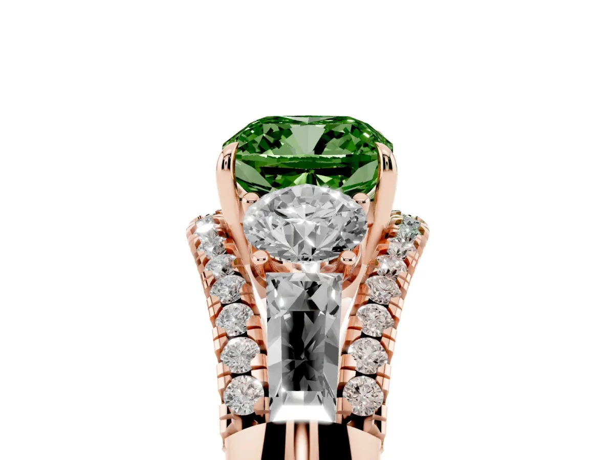 Fancy Green Three-Stone Cushion Cut Diamond Engagement Ring with Pave Band and Prong Setting Rose gold