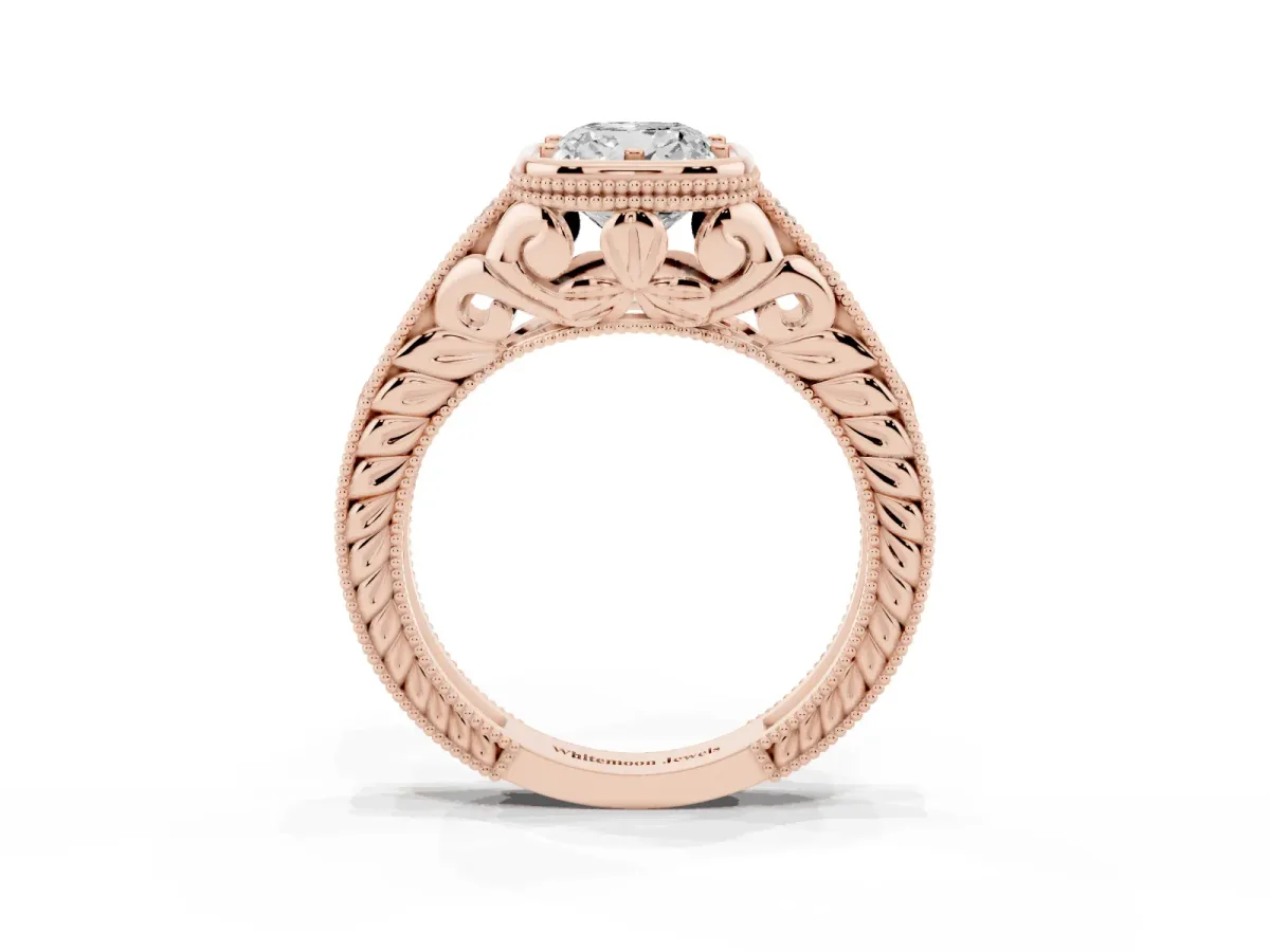 Bezel Set Cushion Cut Diamond Milgrain Pave Engagement Ring Rose gold