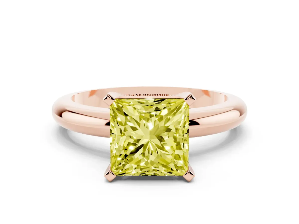 Fancy Yellow Princess Cut Diamond Solitaire Engagement Ring with Round Band and Four-Prong Setting Rose gold