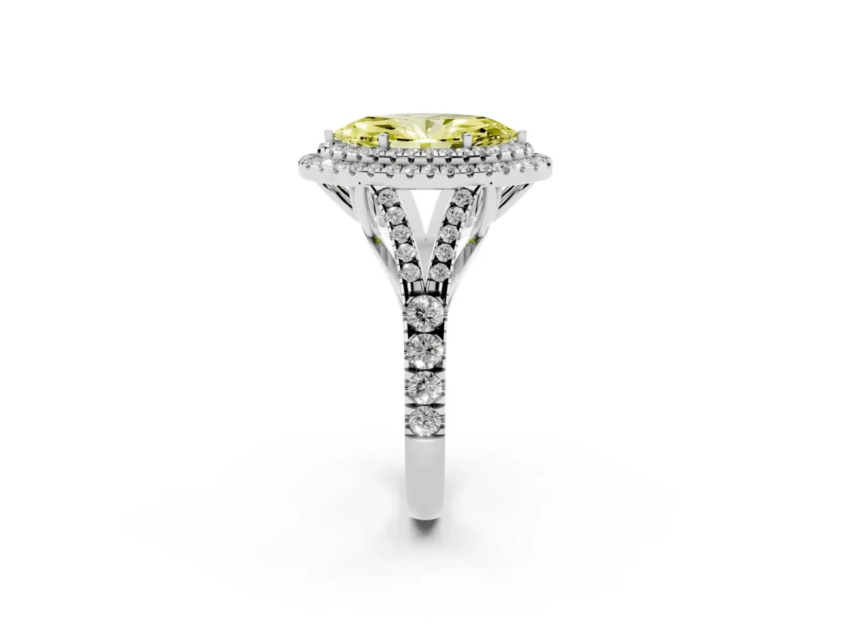 Fancy Yellow Marquise Cut Diamond Pavé Split Shank Double Halo Engagement Ring Silver