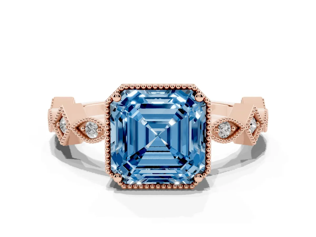 Fancy Blue Asscher Cut Milgrain Marquise Diamond Twist Band Ring Rose gold