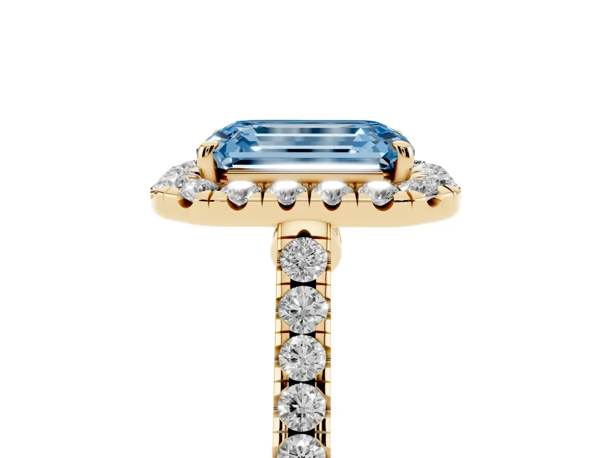 Fancy Blue Emerald Cut Halo Pave Diamond Engagement Ring with Four-Prong Setting Yellow gold