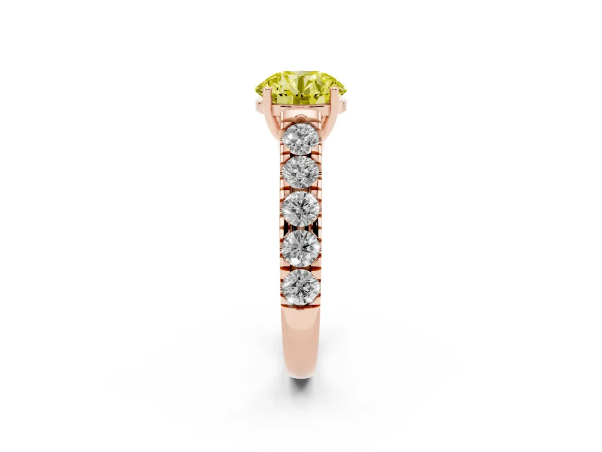 Fancy Yellow Round Cut Cut Diamond Solitaire Ring with Micro Pave Band and Prong Setting Rose gold