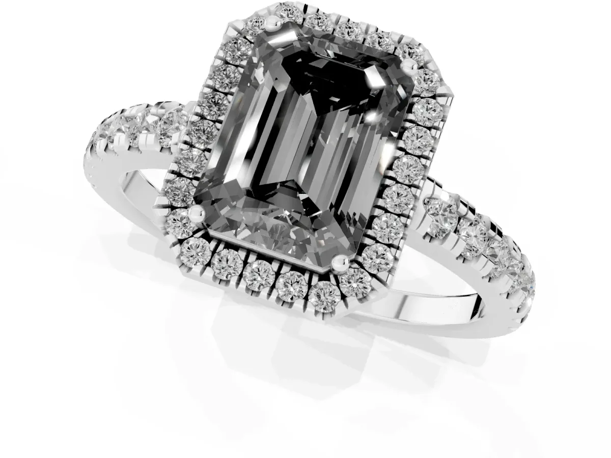 Fancy Black Emerald Cut Diamond Halo Ring with Pavé Band and Four-Prong Setting Platinum