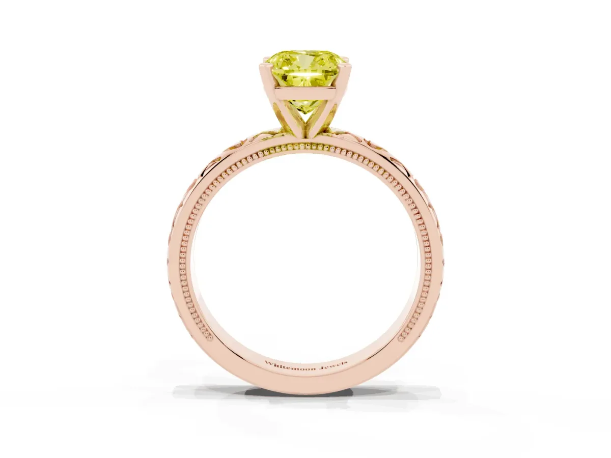 Fancy Yellow Cushion Cut Solitaire Diamond Engagement Ring with XO Engraved Band and Four-Prong Setting Rose gold