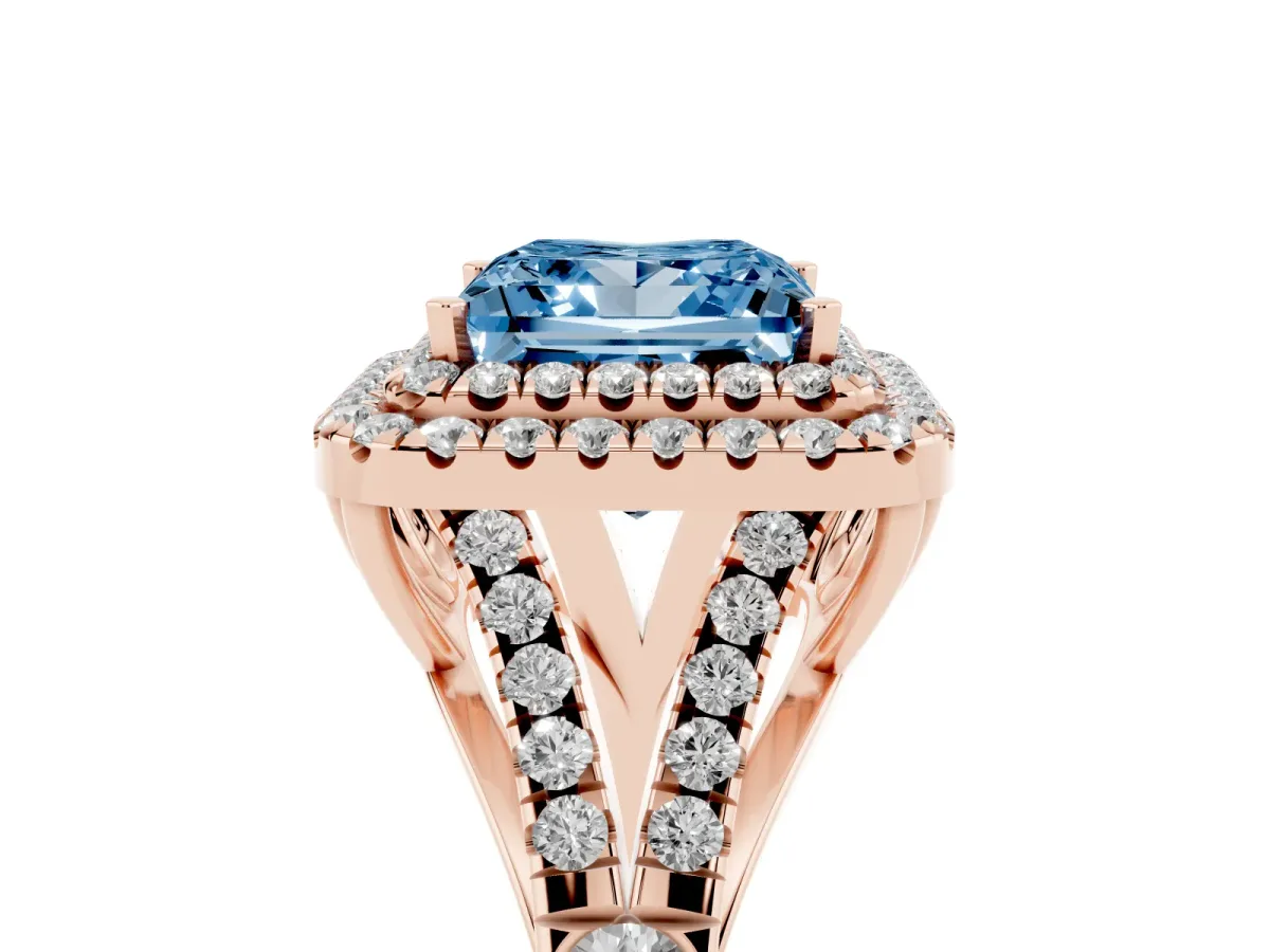 Fancy Blue Double Halo Princess Cut Diamond Split Shank Engagement Ring with Four-Prong Setting Rose gold