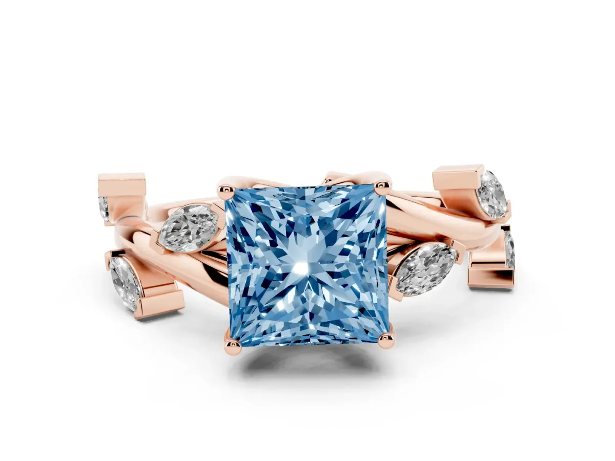 Fancy Blue Princess Cut Solitaire Twisted Band Marquise Accent Prong Setting Ring Rose gold