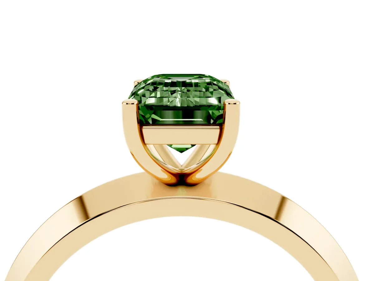 Fancy Green Emerald Cut Cut Solitaire Engagement Ring with Flat Band and Four-Prong Setting Yellow gold