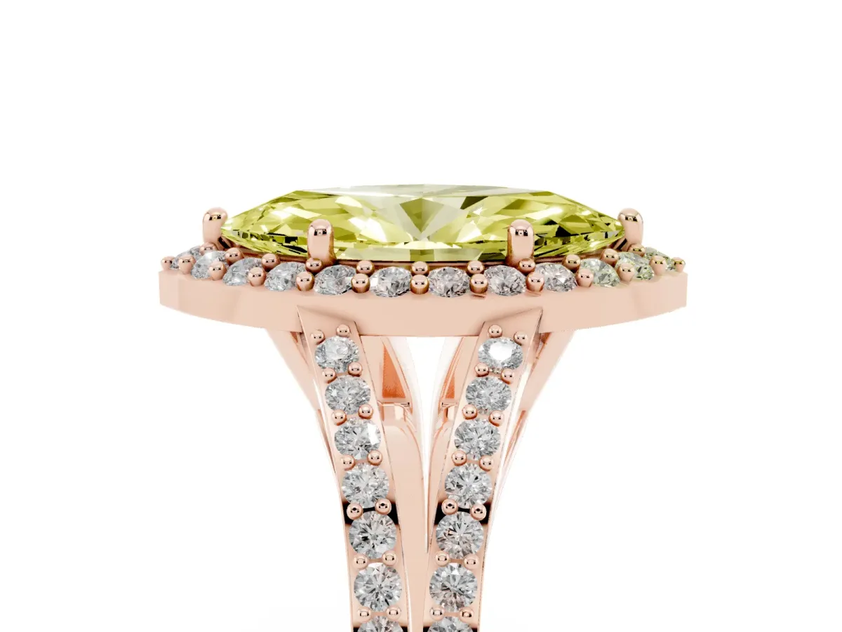 Fancy Yellow Marquise Cut Halo Split Shank Pave Diamond Ring with Four-Prong Setting Rose gold
