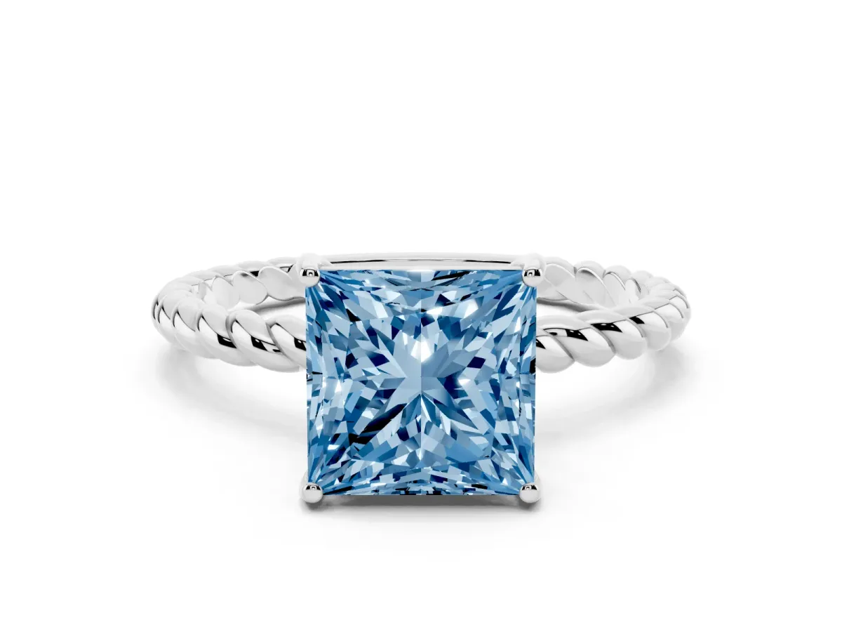Fancy Blue Princess Cut Solitaire Twisted Band 4-Prong Ring Platinum