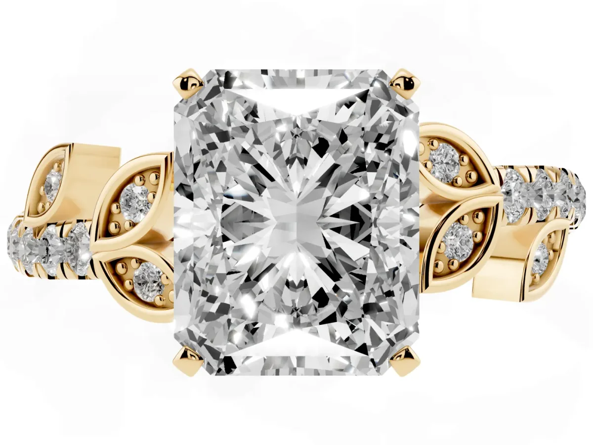 Radiant Cut Solitaire Leaf-Inspired Diamond Ring with Pavé Band and Four-Prong Setting Yellow gold