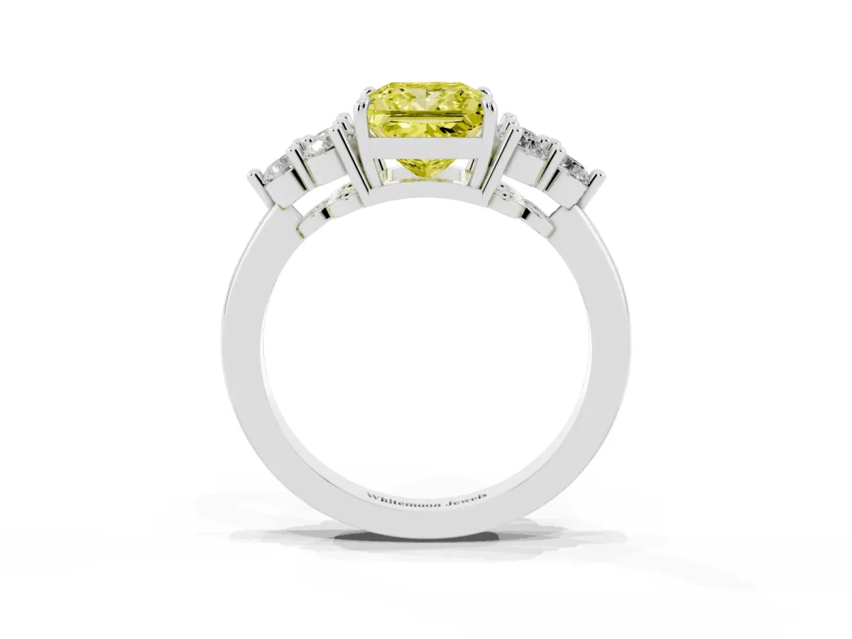 Fancy Yellow Princess Cut Brilliant Diamond Cluster Accent Solitaire Ring with Prong Setting Silver