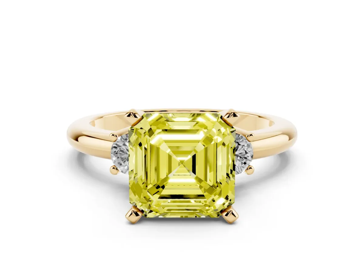 Fancy Yellow Three-Stone Asscher Cut Cut Diamond Solitaire with Prong Setting and Classic Band Yellow gold