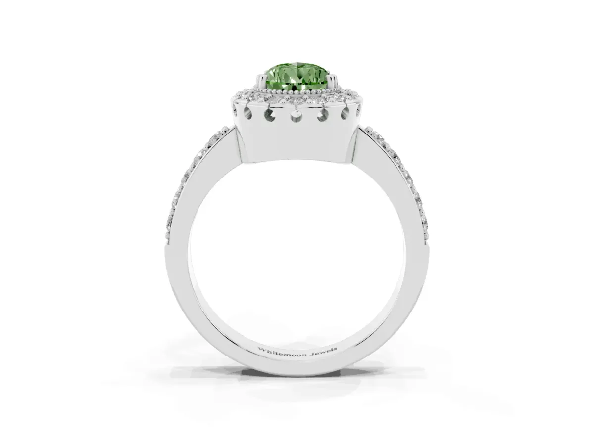 Fancy Green Pear Cut Diamond Halo Ring with Pavé Band and Prong Setting Silver