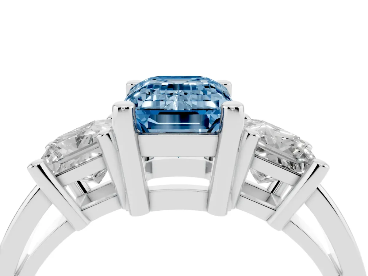 Fancy Blue Three-Stone Emerald Cut Cut Solitaire Ring with Prong Setting Silver