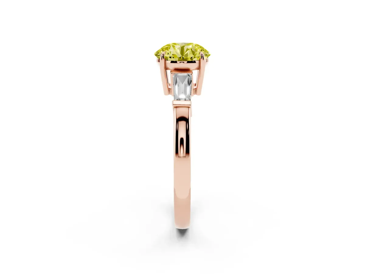 Fancy Yellow Round Cut Diamond Three-Stone Ring with Tapered Baguette Side Stones and Prong Setting Rose gold