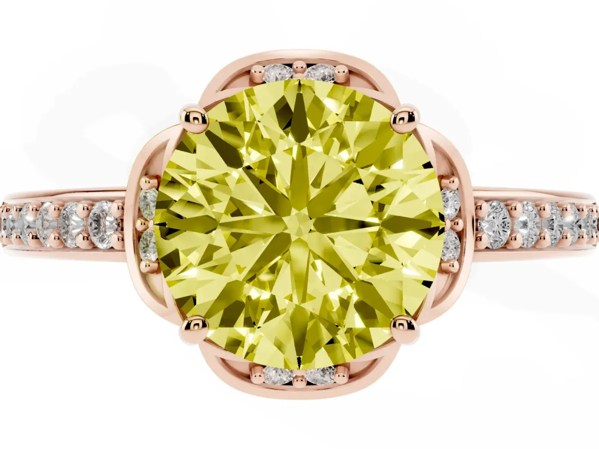 Fancy Yellow Round Cut Cut Halo Diamond Ring with Channel Set Band and Four-Prong Setting Rose gold