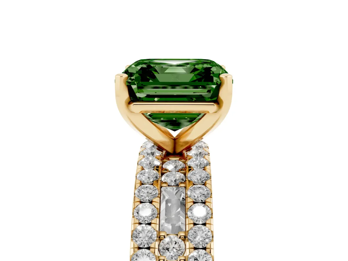 Fancy Green Asscher Cut Diamond Solitaire Ring with Pavé and Channel Set Band Yellow gold